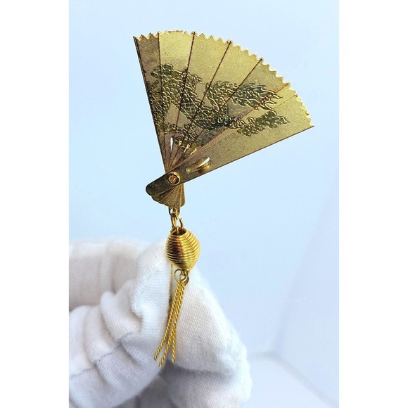 Vintage Adjustable Asian Theme Gold Tone Fan Stick Pin - Picture 9 of 13